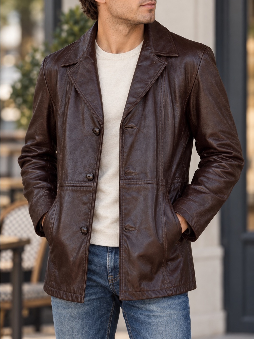 Men's Brown Leather Button-Front Jacket
